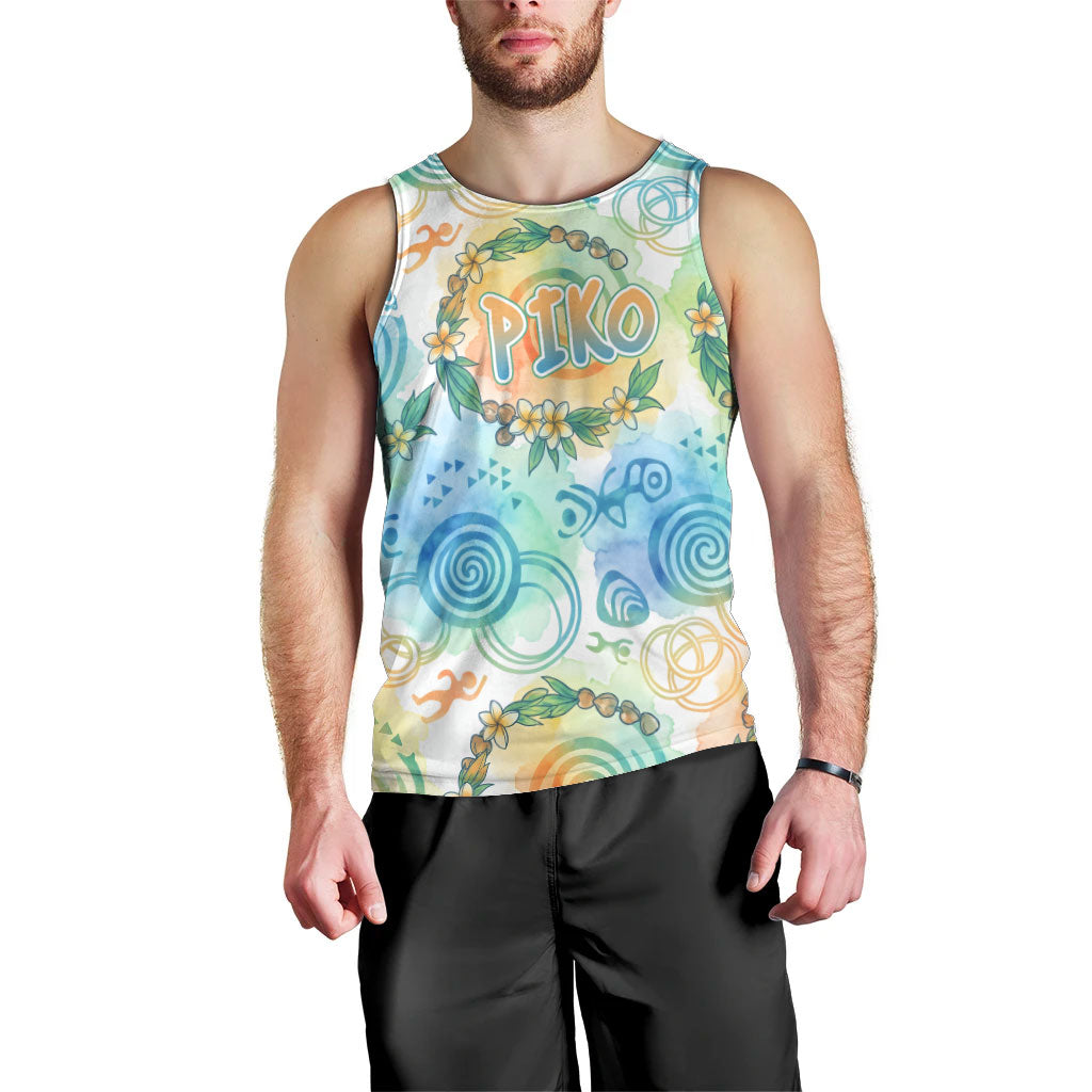 Hawaiian Piko Cultural Pride Aloha Men Tank Top Watercolor Spiral Art - Tropical Plumeria Lei Garland