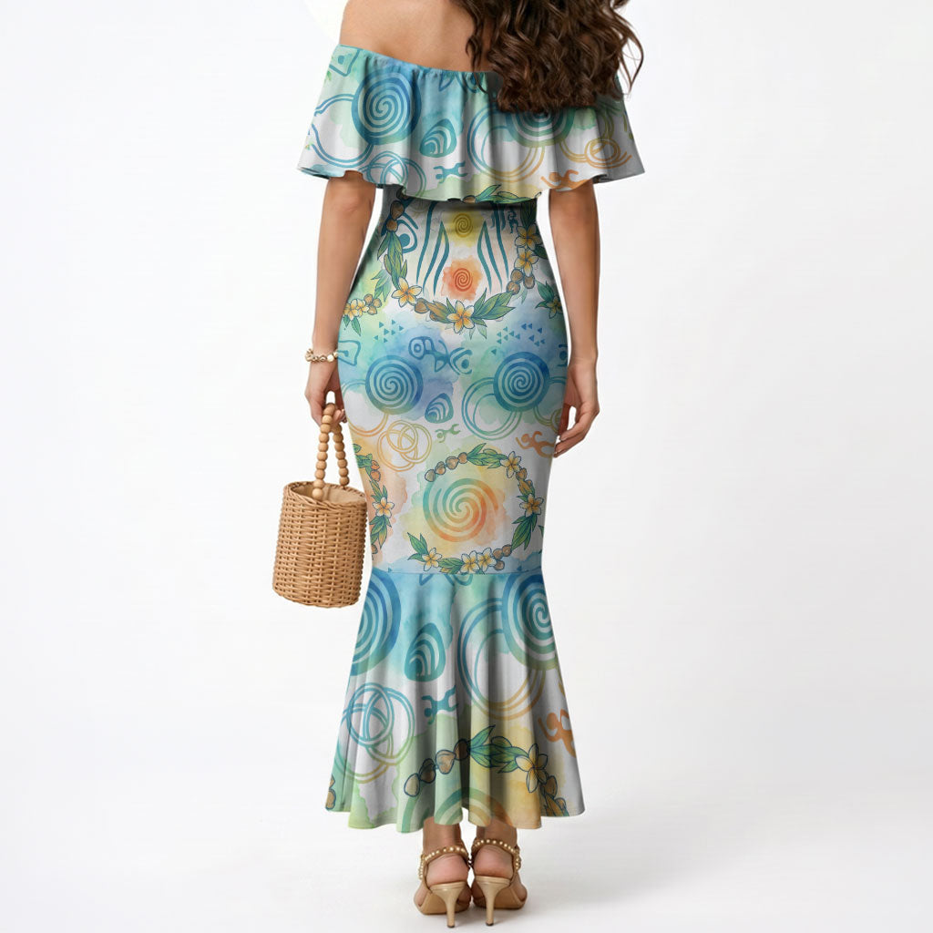 Hawaiian Piko Cultural Pride Aloha Mermaid Dress Watercolor Spiral Art - Tropical Plumeria Lei Garland