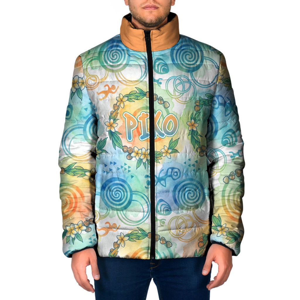 Hawaiian Piko Cultural Pride Aloha Padded Jacket Watercolor Spiral Art - Tropical Plumeria Lei Garland