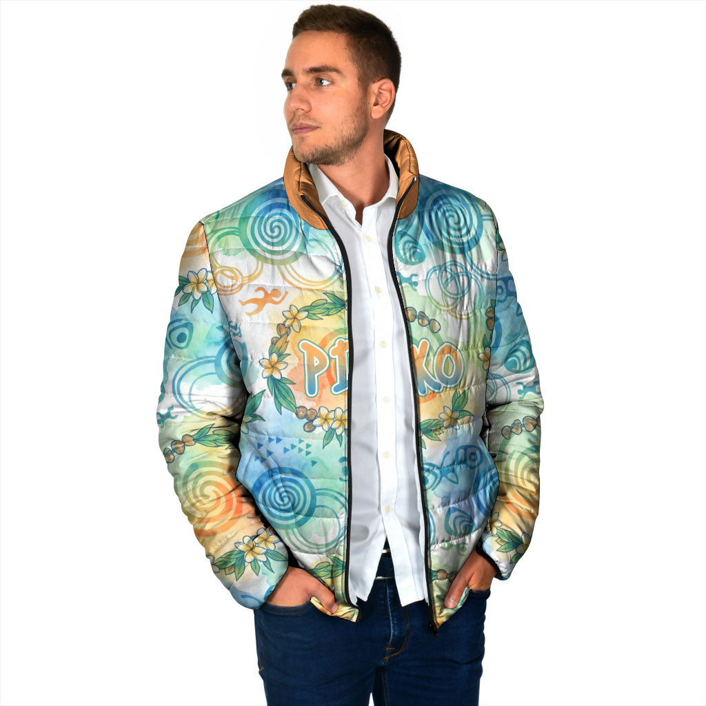 Hawaiian Piko Cultural Pride Aloha Padded Jacket Watercolor Spiral Art - Tropical Plumeria Lei Garland