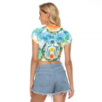Hawaiian Piko Cultural Pride Aloha Raglan Cropped T Shirt Watercolor Spiral Art - Tropical Plumeria Lei Garland