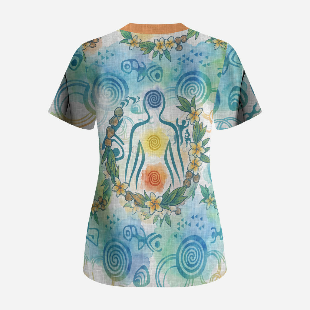Hawaiian Piko Cultural Pride Aloha Scrub Top Watercolor Spiral Art - Tropical Plumeria Lei Garland