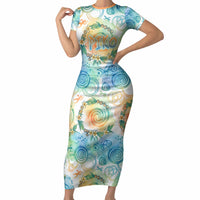 Hawaiian Piko Cultural Pride Aloha Short Sleeve Bodycon Dress Watercolor Spiral Art - Tropical Plumeria Lei Garland