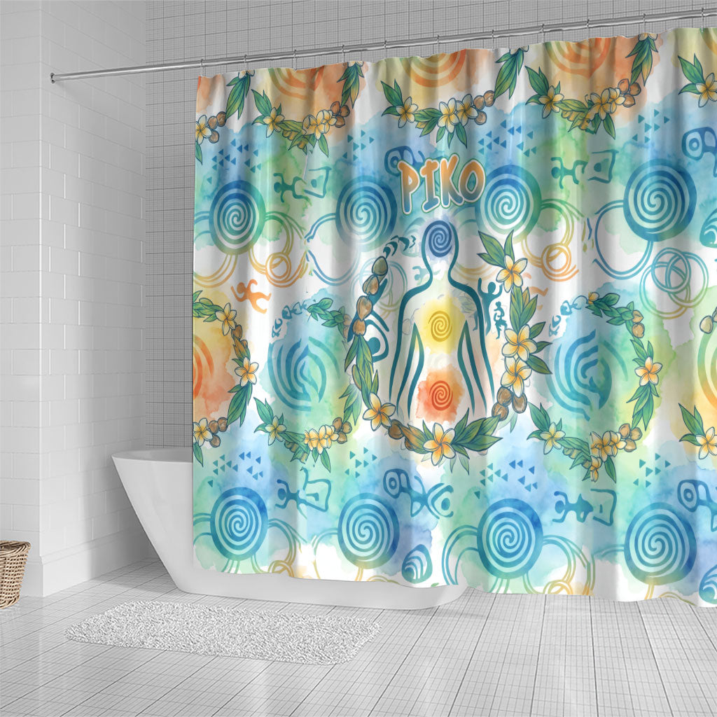 Hawaiian Piko Cultural Pride Aloha Shower Curtain Watercolor Spiral Art - Tropical Plumeria Lei Garland