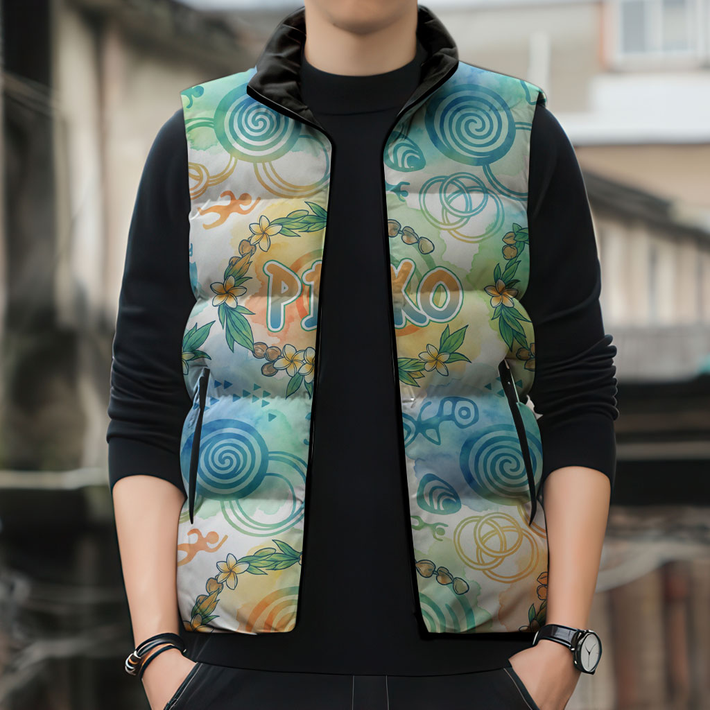 Hawaiian Piko Cultural Pride Aloha Sleeveless Puffer Jacket Watercolor Spiral Art - Tropical Plumeria Lei Garland