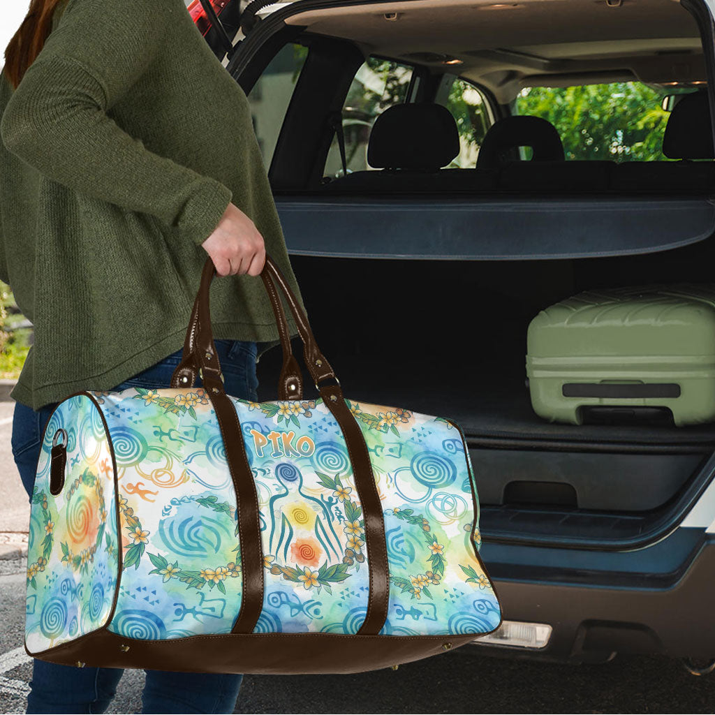 Hawaiian Piko Cultural Pride Aloha Travel Bag Watercolor Spiral Art - Tropical Plumeria Lei Garland