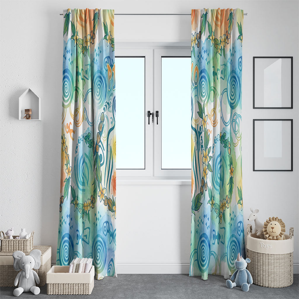 Hawaiian Piko Cultural Pride Aloha Window Curtain Watercolor Spiral Art - Tropical Plumeria Lei Garland