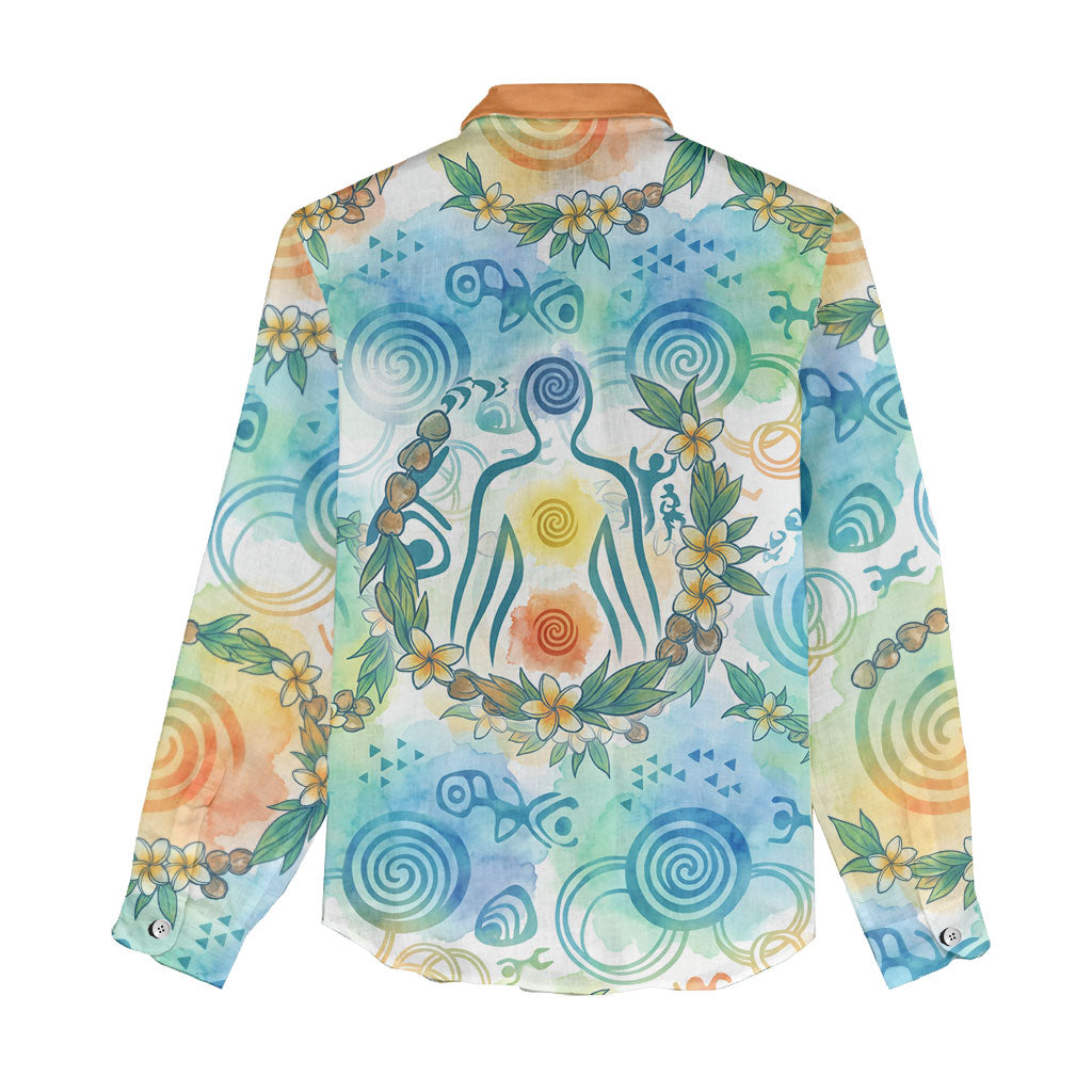 Hawaiian Piko Cultural Pride Aloha Women Casual Shirt Watercolor Spiral Art - Tropical Plumeria Lei Garland