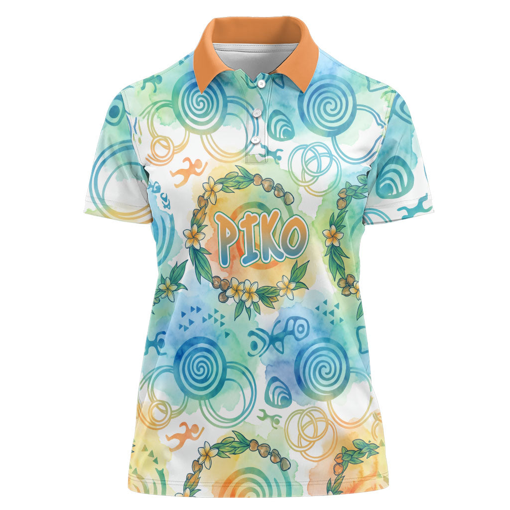 Hawaiian Piko Cultural Pride Aloha Women Polo Shirt Watercolor Spiral Art - Tropical Plumeria Lei Garland