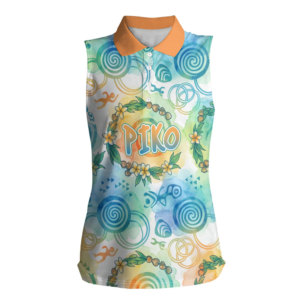 Hawaiian Piko Cultural Pride Aloha Women Sleeveless Polo Shirt Watercolor Spiral Art - Tropical Plumeria Lei Garland