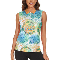 Hawaiian Piko Cultural Pride Aloha Women Sleeveless Polo Shirt Watercolor Spiral Art - Tropical Plumeria Lei Garland