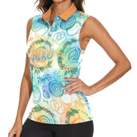 Hawaiian Piko Cultural Pride Aloha Women Sleeveless Polo Shirt Watercolor Spiral Art - Tropical Plumeria Lei Garland