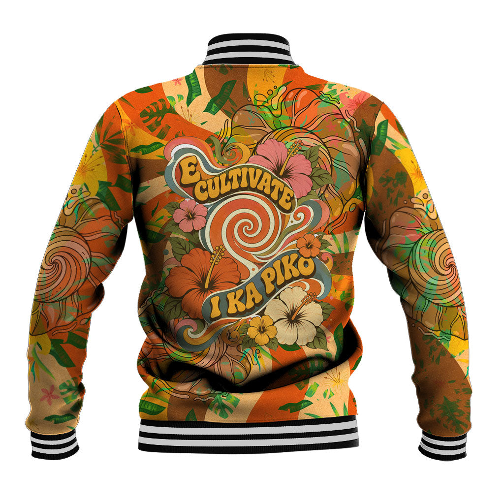 Hawaiian Piko Lani Cultivate I Ka Piko Aloha Baseball Jacket Retro Psychedelic Taro Leaf - Hibiscus Flowers