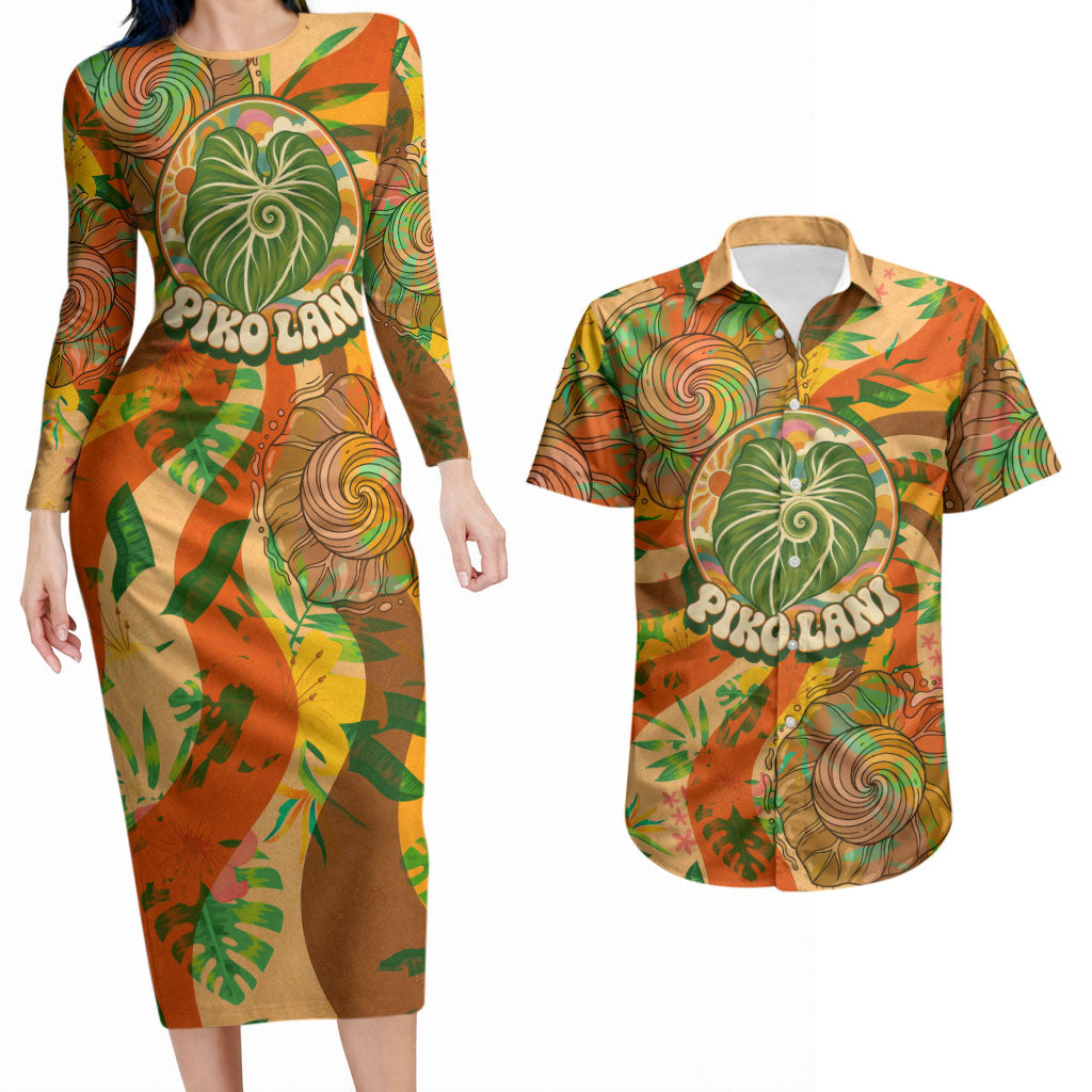 Hawaiian Piko Lani Cultivate I Ka Piko Aloha Couples Matching Long Sleeve Bodycon Dress and Hawaiian Shirt Retro Psychedelic Taro Leaf - Hibiscus Flowers