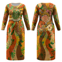 Hawaiian Piko Lani Cultivate I Ka Piko Aloha Couples Matching Long Sleeve Bodycon Dress and Long Sleeve Button Shirt Retro Psychedelic Taro Leaf - Hibiscus Flowers