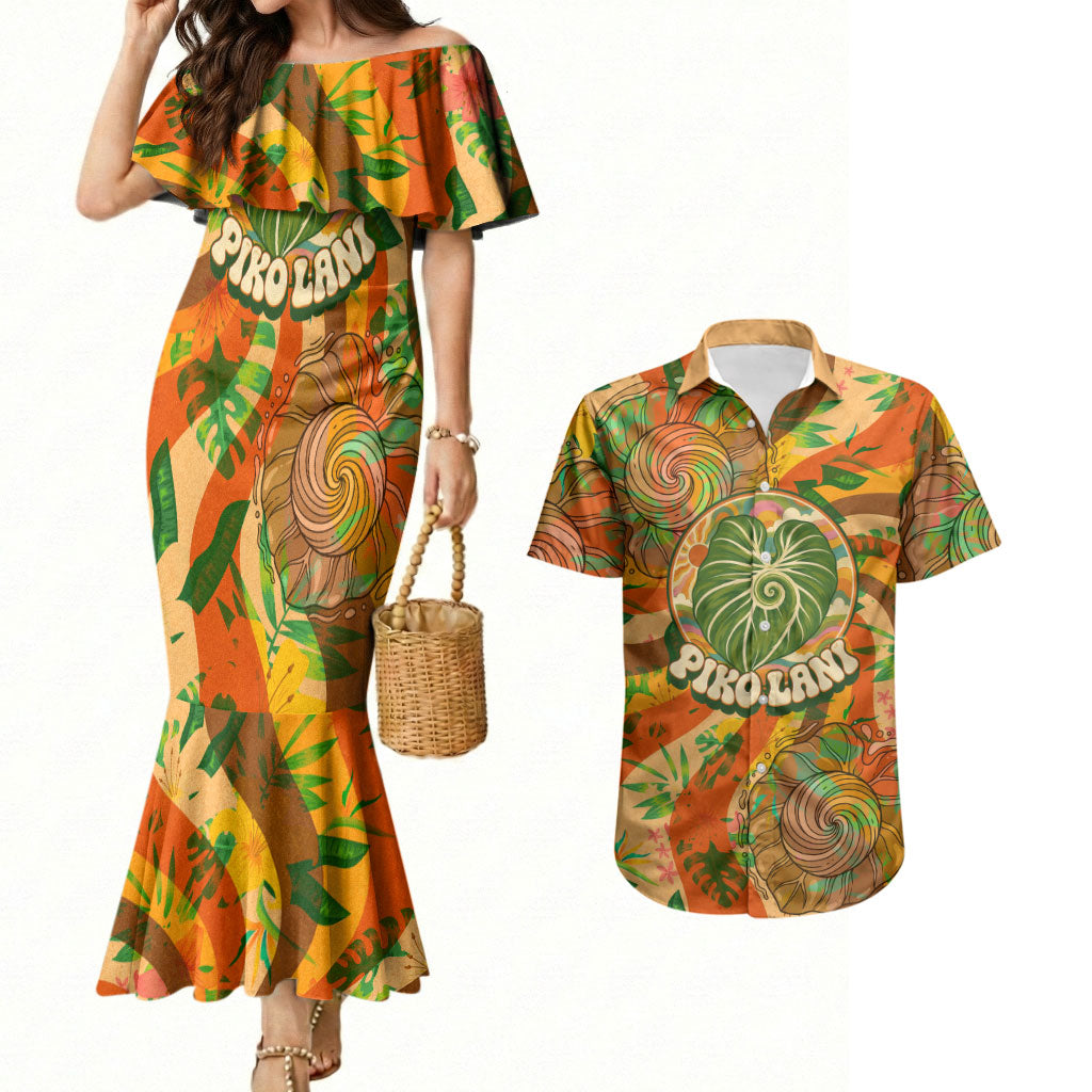 Hawaiian Piko Lani Cultivate I Ka Piko Aloha Couples Matching Mermaid Dress and Hawaiian Shirt Retro Psychedelic Taro Leaf - Hibiscus Flowers