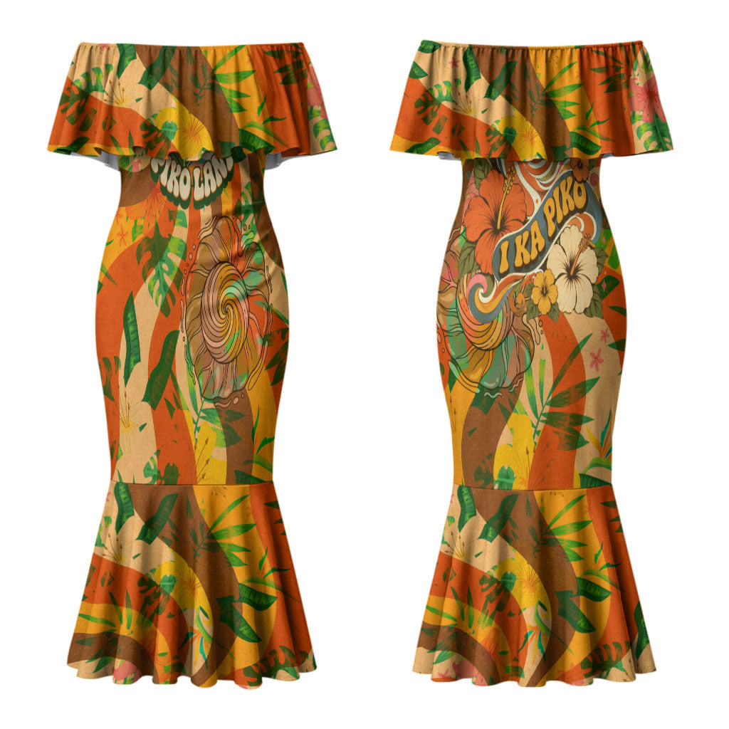 Hawaiian Piko Lani Cultivate I Ka Piko Aloha Couples Matching Mermaid Dress and Hawaiian Shirt Retro Psychedelic Taro Leaf - Hibiscus Flowers