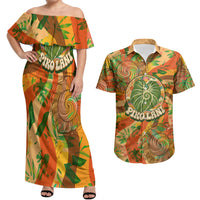 Hawaiian Piko Lani Cultivate I Ka Piko Aloha Couples Matching Off Shoulder Maxi Dress and Hawaiian Shirt Retro Psychedelic Taro Leaf - Hibiscus Flowers