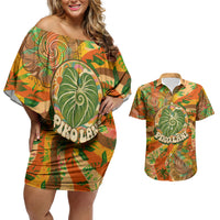 Hawaiian Piko Lani Cultivate I Ka Piko Aloha Couples Matching Off Shoulder Short Dress and Hawaiian Shirt Retro Psychedelic Taro Leaf - Hibiscus Flowers