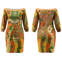 Hawaiian Piko Lani Cultivate I Ka Piko Aloha Couples Matching Off The Shoulder Long Sleeve Dress and Hawaiian Shirt Retro Psychedelic Taro Leaf - Hibiscus Flowers