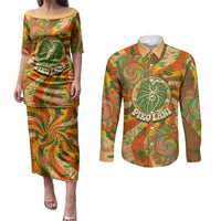 Hawaiian Piko Lani Cultivate I Ka Piko Aloha Couples Matching Puletasi and Long Sleeve Button Shirt Retro Psychedelic Taro Leaf - Hibiscus Flowers
