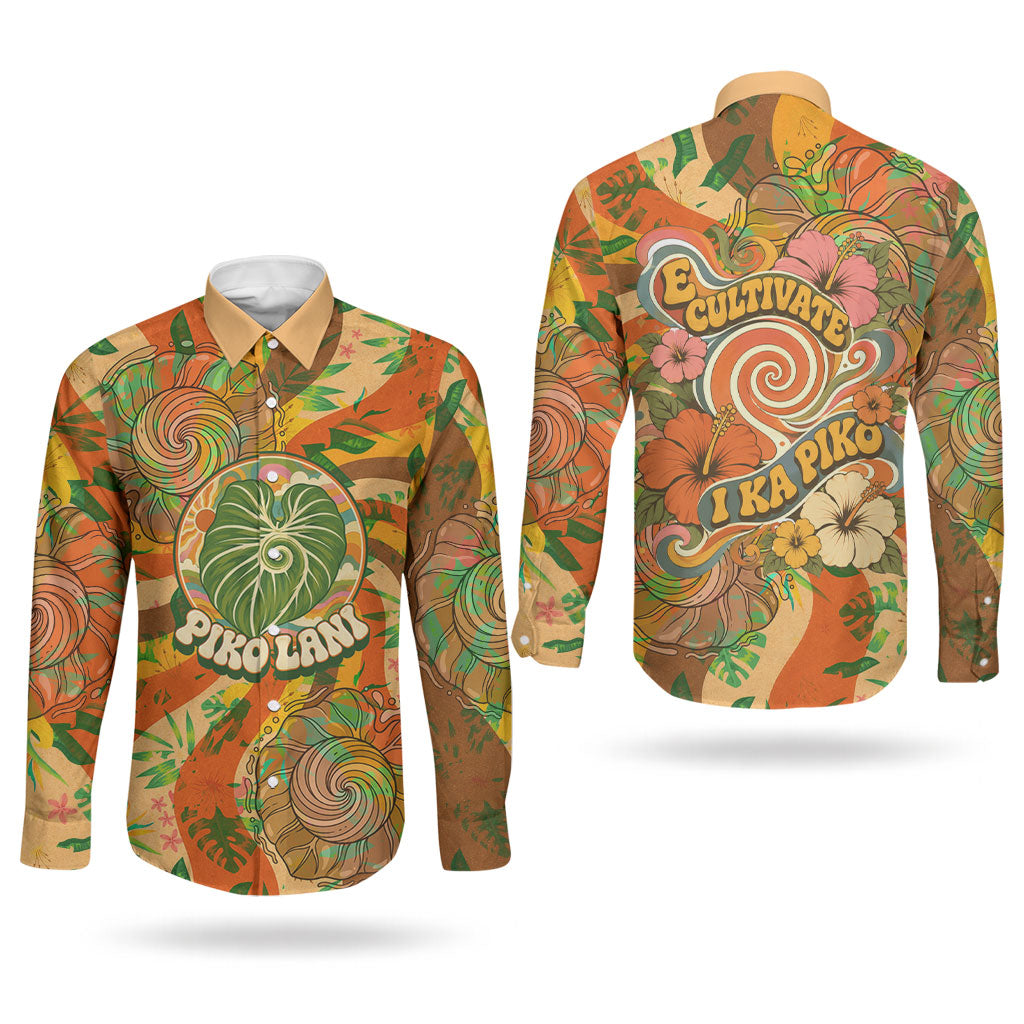 Hawaiian Piko Lani Cultivate I Ka Piko Aloha Couples Matching Puletasi and Long Sleeve Button Shirt Retro Psychedelic Taro Leaf - Hibiscus Flowers