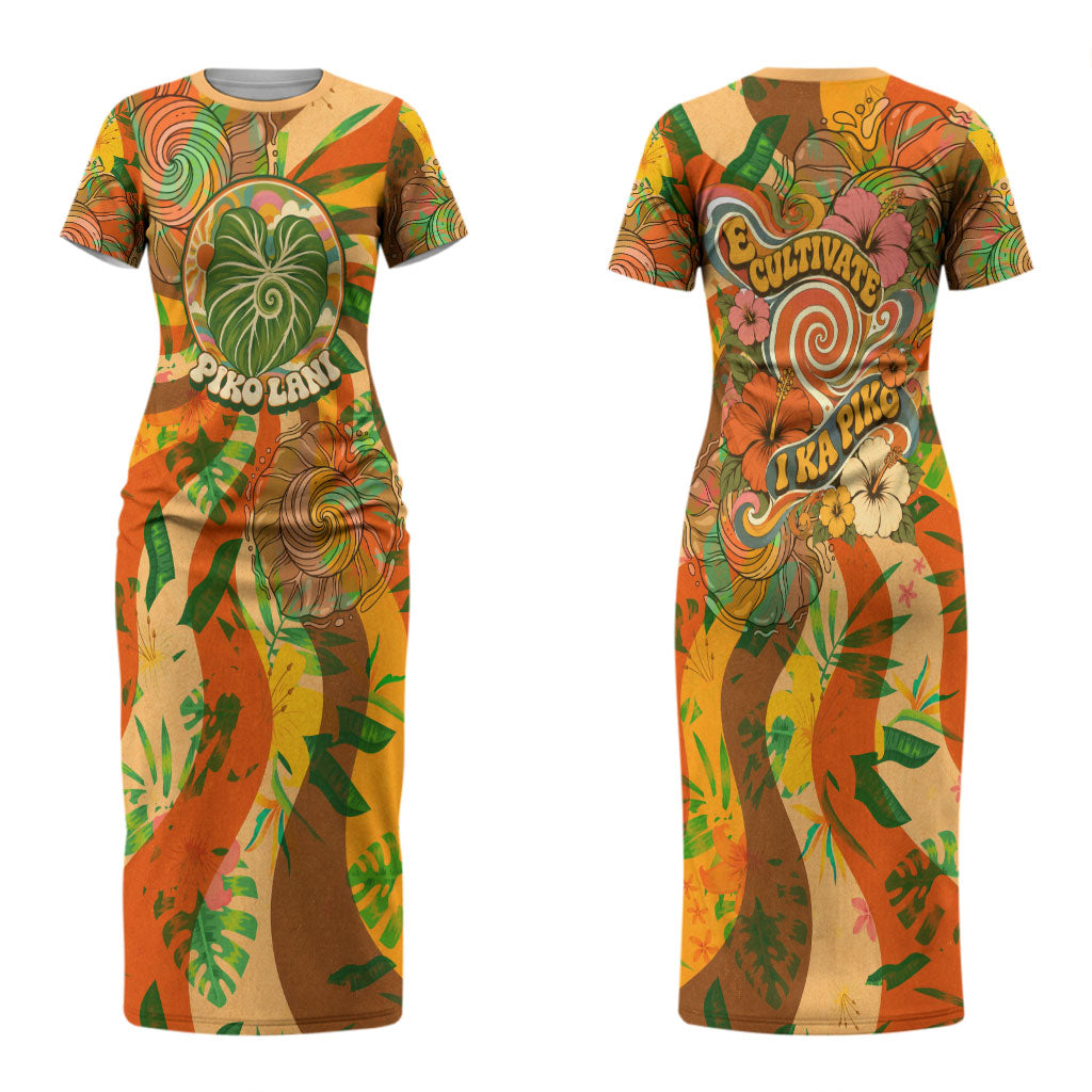 Hawaiian Piko Lani Cultivate I Ka Piko Aloha Couples Matching Short Sleeve Bodycon Dress and Hawaiian Shirt Retro Psychedelic Taro Leaf - Hibiscus Flowers