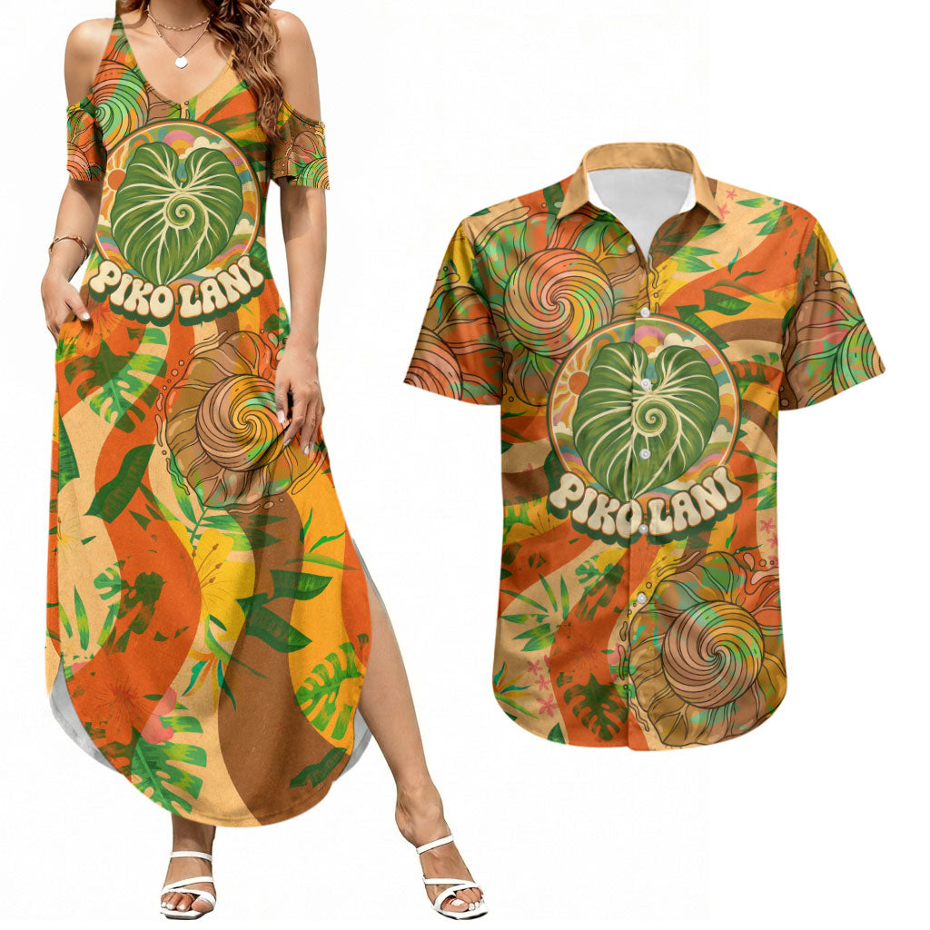 Hawaiian Piko Lani Cultivate I Ka Piko Aloha Couples Matching Summer Maxi Dress and Hawaiian Shirt Retro Psychedelic Taro Leaf - Hibiscus Flowers