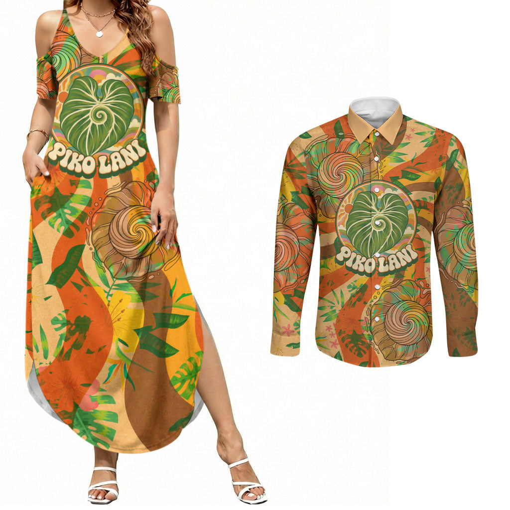 Hawaiian Piko Lani Cultivate I Ka Piko Aloha Couples Matching Summer Maxi Dress and Long Sleeve Button Shirt Retro Psychedelic Taro Leaf - Hibiscus Flowers