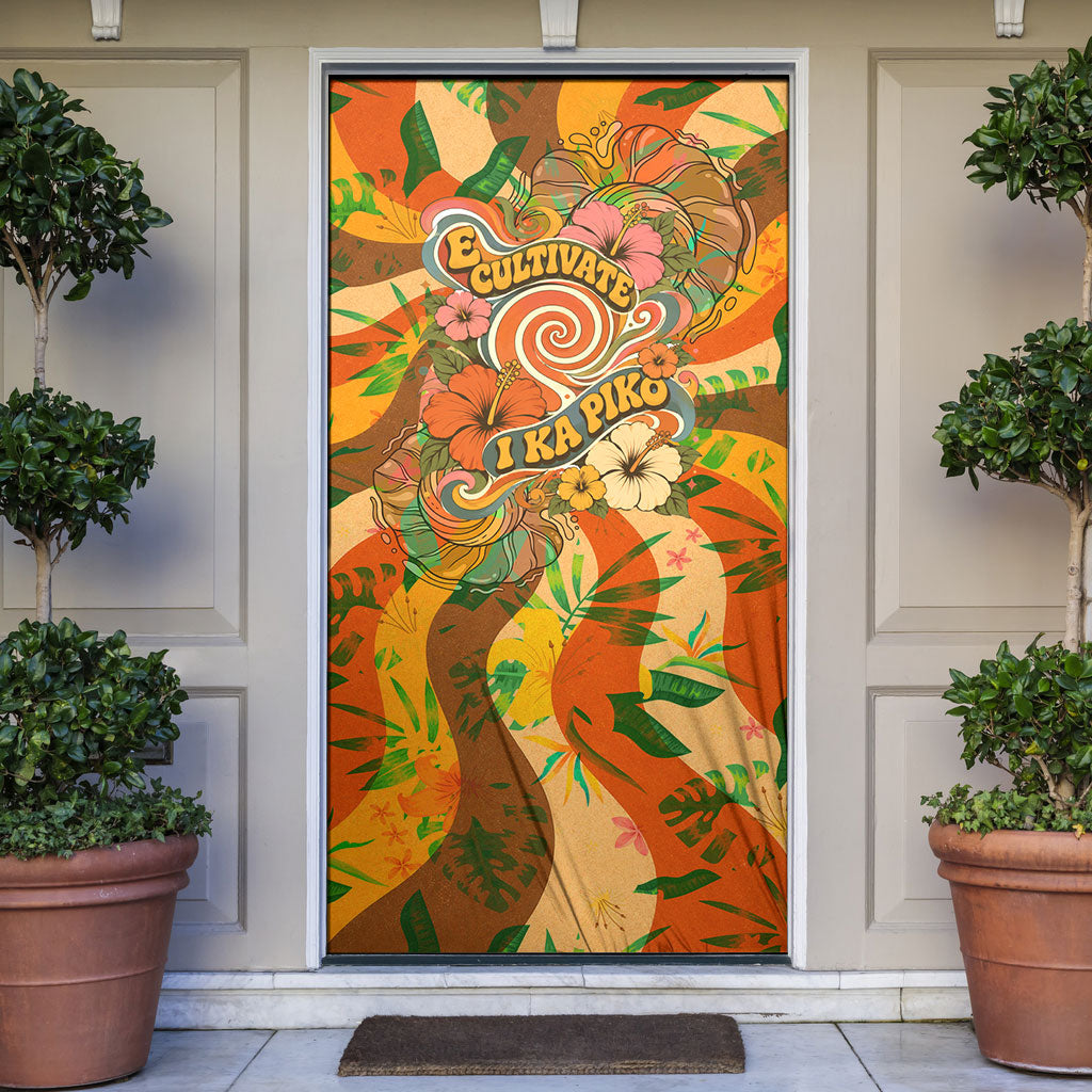 Hawaiian Piko Lani Cultivate I Ka Piko Aloha Door Cover Retro Psychedelic Taro Leaf - Hibiscus Flowers