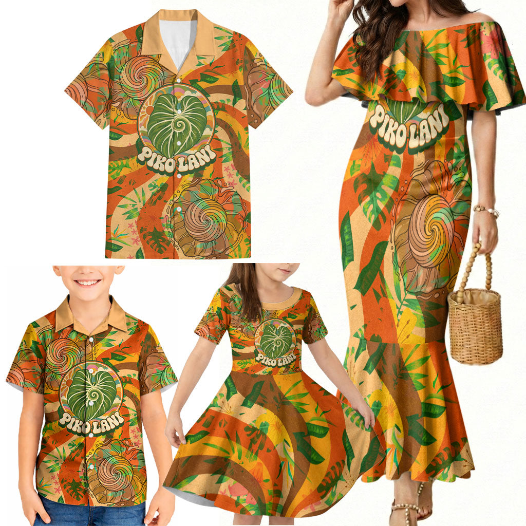 Hawaiian Piko Lani Cultivate I Ka Piko Aloha Family Matching Mermaid Dress and Hawaiian Shirt Retro Psychedelic Taro Leaf - Hibiscus Flowers