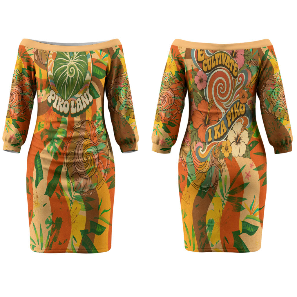 Hawaiian Piko Lani Cultivate I Ka Piko Aloha Family Matching Off The Shoulder Long Sleeve Dress and Hawaiian Shirt Retro Psychedelic Taro Leaf - Hibiscus Flowers