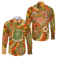 Hawaiian Piko Lani Cultivate I Ka Piko Aloha Family Matching Off The Shoulder Long Sleeve Dress and Hawaiian Shirt Retro Psychedelic Taro Leaf - Hibiscus Flowers