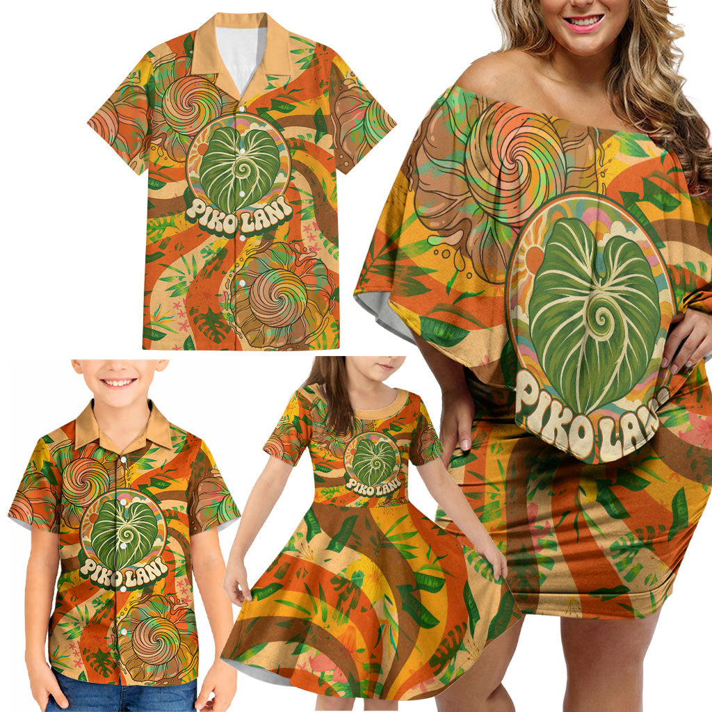 Hawaiian Piko Lani Cultivate I Ka Piko Aloha Family Matching Off Shoulder Short Dress and Hawaiian Shirt Retro Psychedelic Taro Leaf - Hibiscus Flowers