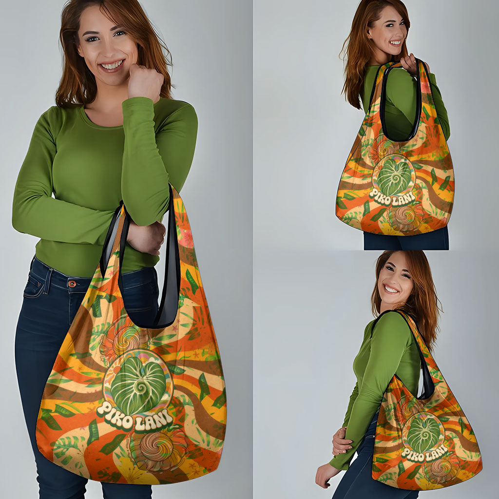 Hawaiian Piko Lani Cultivate I Ka Piko Aloha Grocery Bag Retro Psychedelic Taro Leaf - Hibiscus Flowers