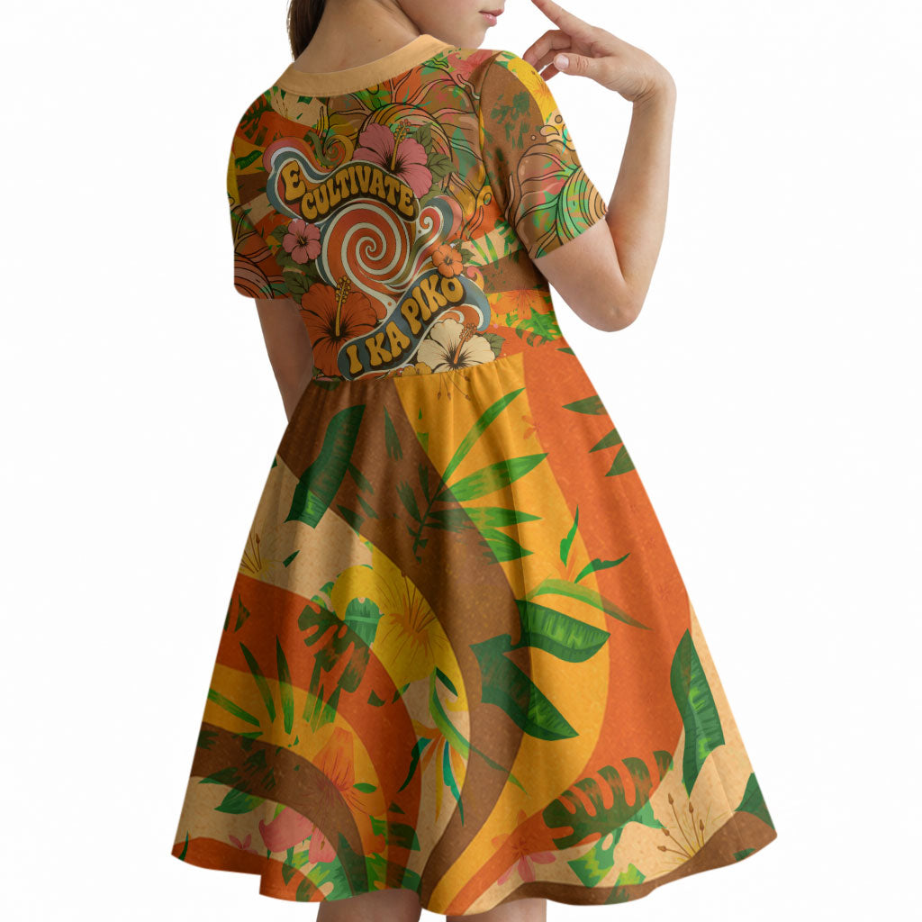 Hawaiian Piko Lani Cultivate I Ka Piko Aloha Kid Short Sleeve Dress Retro Psychedelic Taro Leaf - Hibiscus Flowers