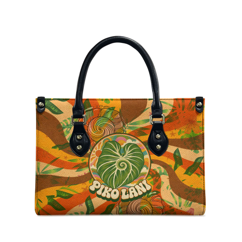 Hawaiian Piko Lani Cultivate I Ka Piko Aloha Leather Bag Retro Psychedelic Taro Leaf - Hibiscus Flowers