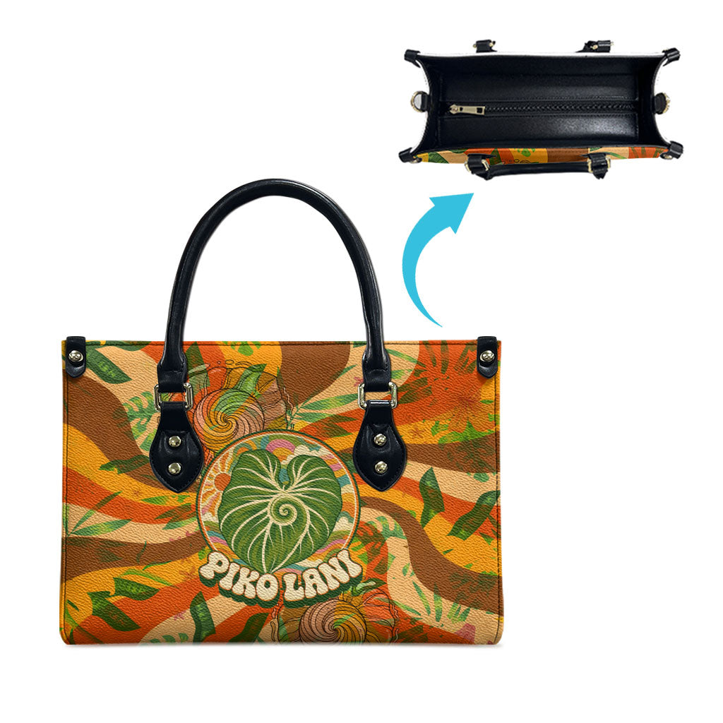 Hawaiian Piko Lani Cultivate I Ka Piko Aloha Leather Bag Retro Psychedelic Taro Leaf - Hibiscus Flowers