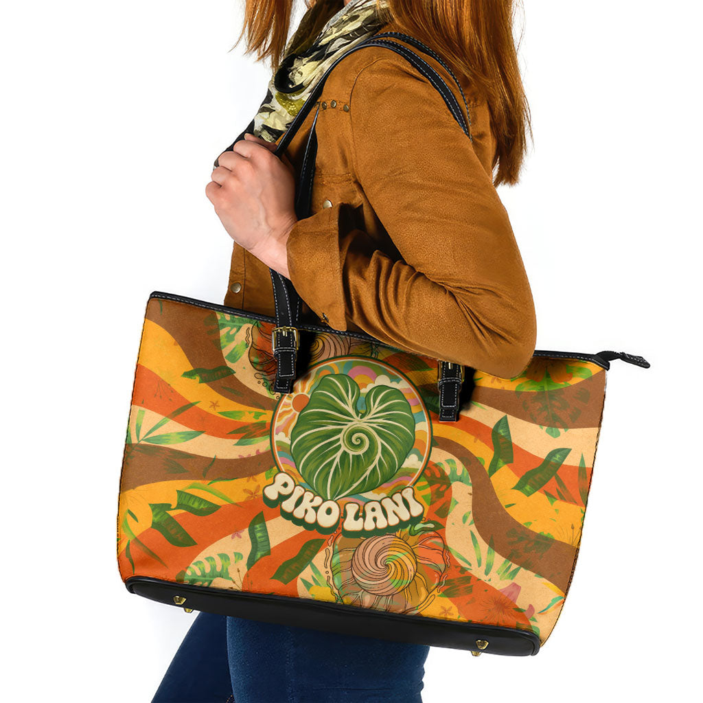 Hawaiian Piko Lani Cultivate I Ka Piko Aloha Leather Tote Bag Retro Psychedelic Taro Leaf - Hibiscus Flowers