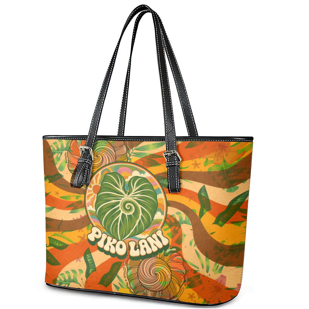 Hawaiian Piko Lani Cultivate I Ka Piko Aloha Leather Tote Bag Retro Psychedelic Taro Leaf - Hibiscus Flowers