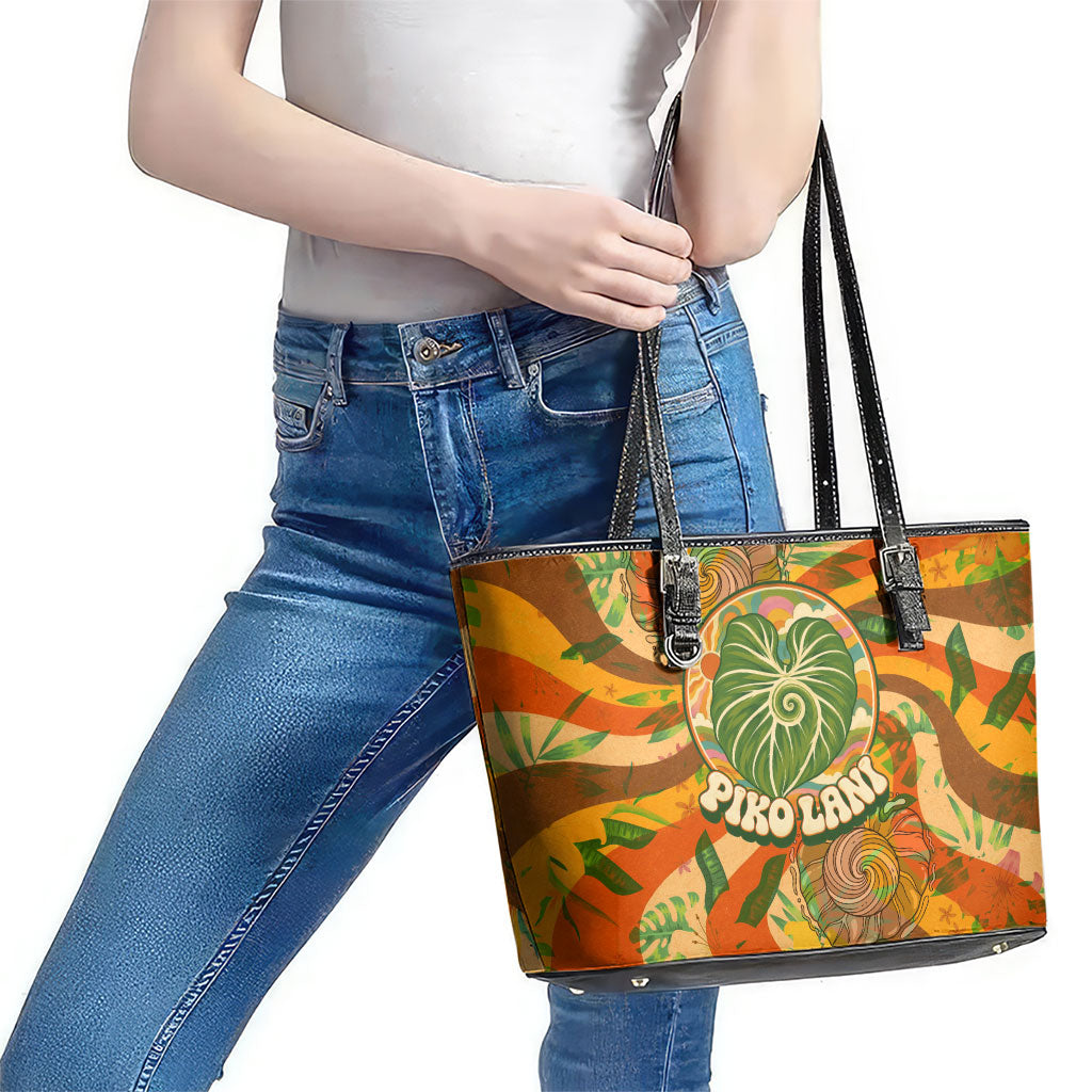 Hawaiian Piko Lani Cultivate I Ka Piko Aloha Leather Tote Bag Retro Psychedelic Taro Leaf - Hibiscus Flowers