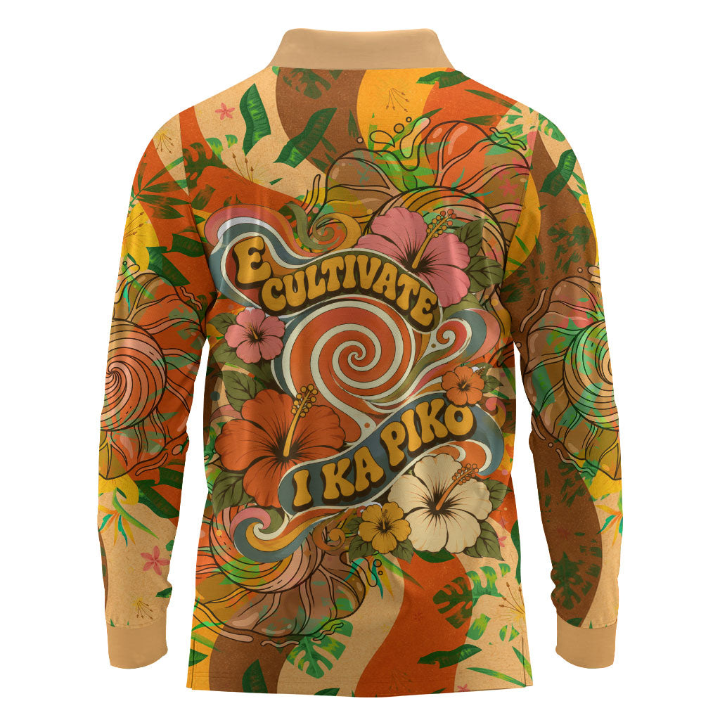 Hawaiian Piko Lani Cultivate I Ka Piko Aloha Long Sleeve Polo Shirt Retro Psychedelic Taro Leaf - Hibiscus Flowers