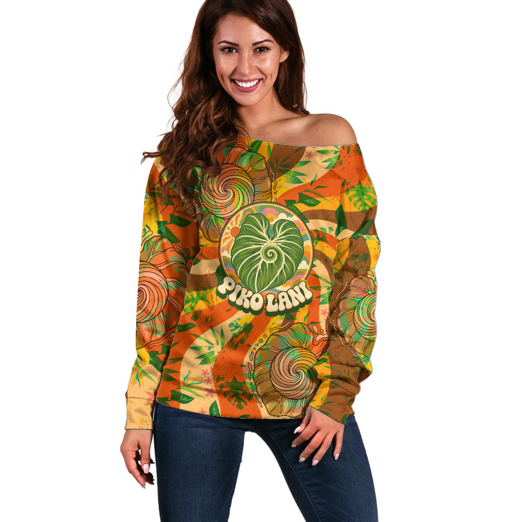 Hawaiian Piko Lani Cultivate I Ka Piko Aloha Off Shoulder Sweater Retro Psychedelic Taro Leaf - Hibiscus Flowers