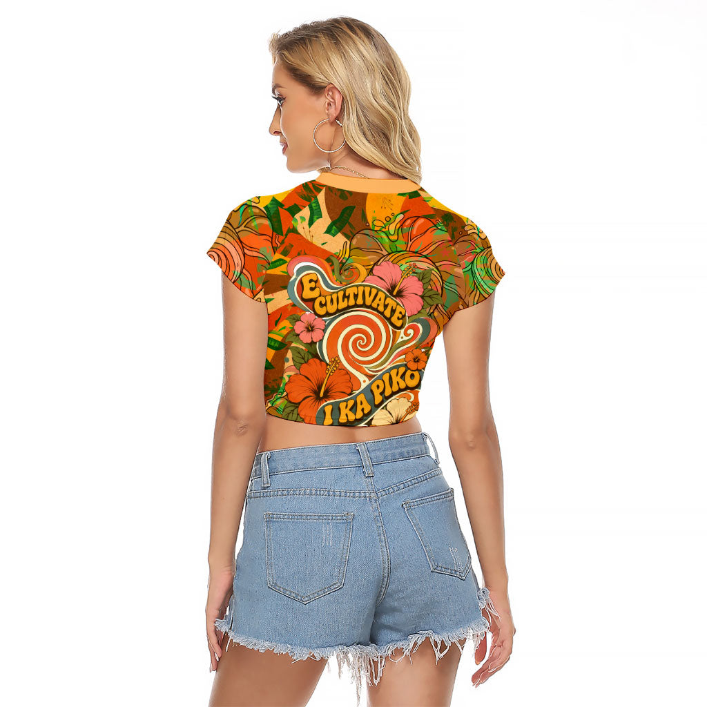 Hawaiian Piko Lani Cultivate I Ka Piko Aloha Raglan Cropped T Shirt Retro Psychedelic Taro Leaf - Hibiscus Flowers