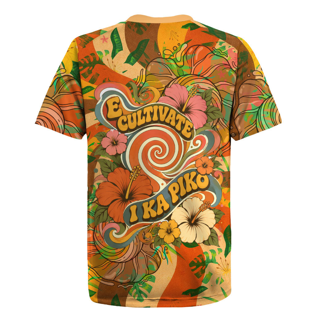 Hawaiian Piko Lani Cultivate I Ka Piko Aloha Rugby Jersey Retro Psychedelic Taro Leaf - Hibiscus Flowers