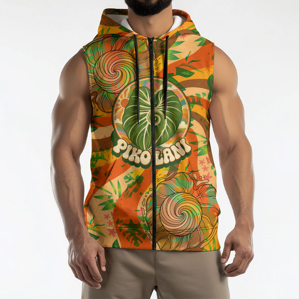 Hawaiian Piko Lani Cultivate I Ka Piko Aloha Sleeveless Zip Hoodie Retro Psychedelic Taro Leaf - Hibiscus Flowers