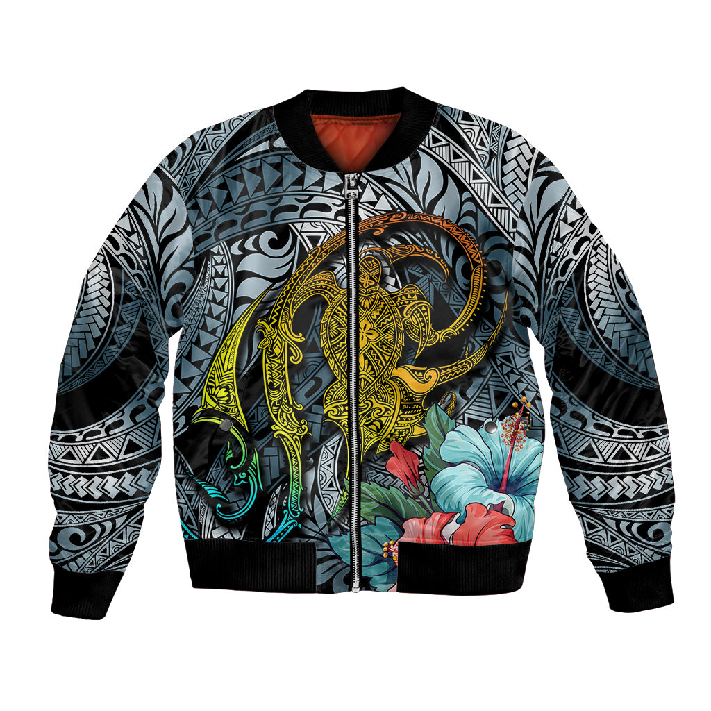Hawaii Turtle Bomber Jacket Hawaii Pattern and Turtle Tattoo Dark Cyan Gradient TS04 Unisex Gradient - Polynesian Pride