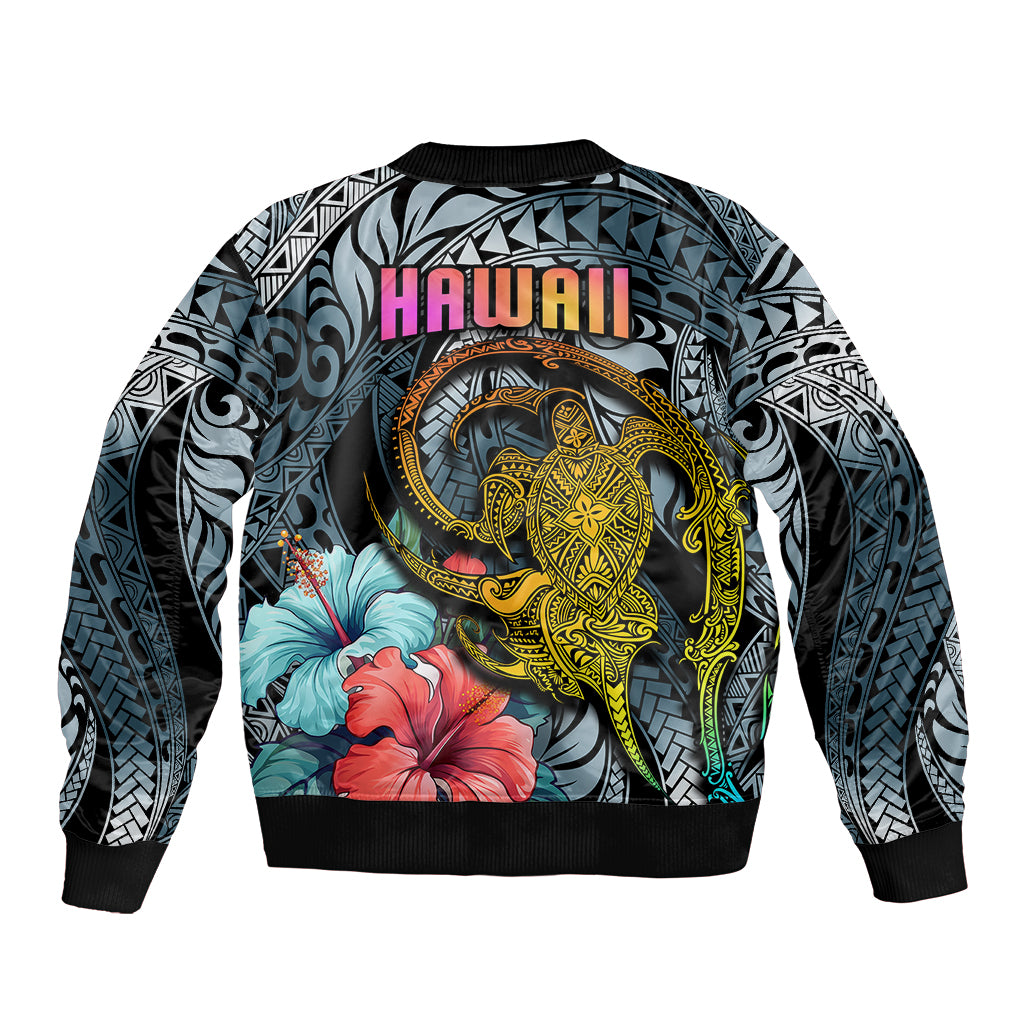 Hawaii Turtle Bomber Jacket Hawaii Pattern and Turtle Tattoo Dark Cyan Gradient TS04 - Polynesian Pride