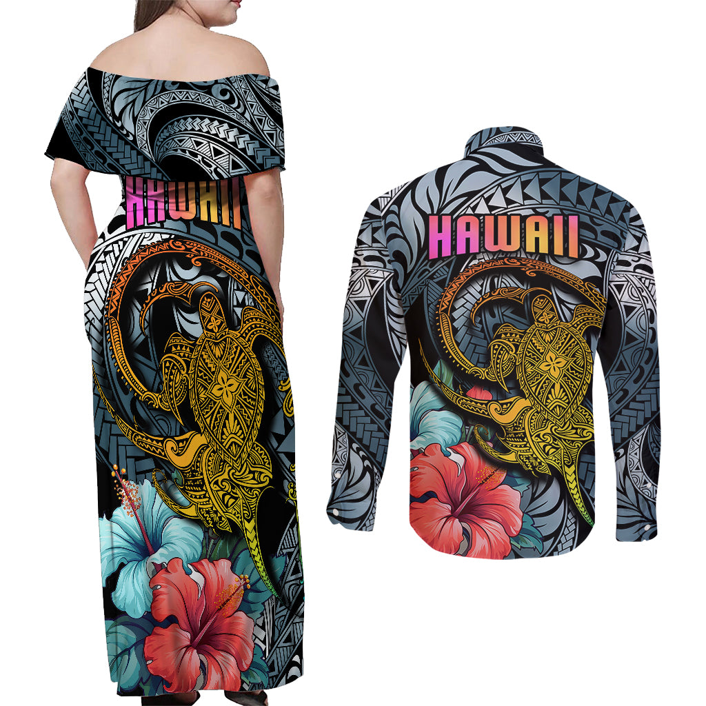 Hawaii Turtle Couples Matching Off Shoulder Maxi Dress and Long Sleeve Button Shirts Hawaii Pattern and Turtle Tattoo Dark Cyan Gradient TS04 - Polynesian Pride