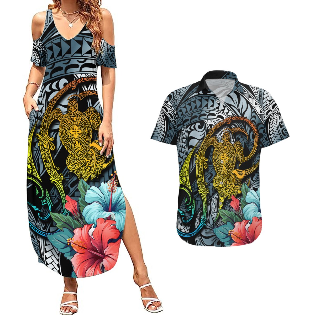 Hawaii Turtle Couples Matching Summer Maxi Dress and Hawaiian Shirt Hawaii Pattern and Turtle Tattoo Dark Cyan Gradient TS04 Gradient - Polynesian Pride